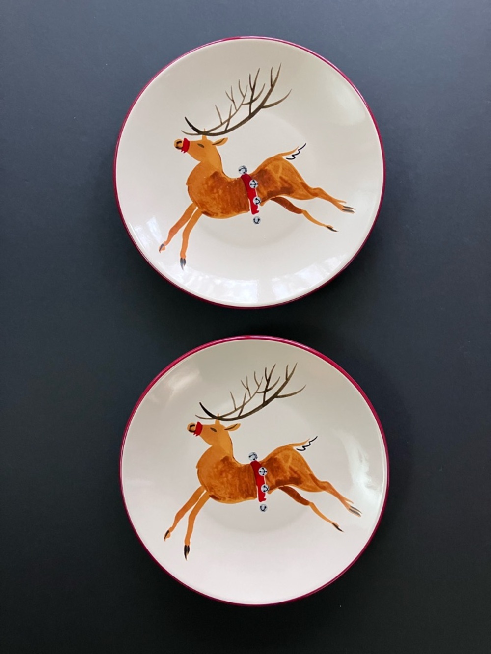 2 Longaberger Reindeer Appetizer Salad Bread Plates Christmas Holiday Plate 7.5"
